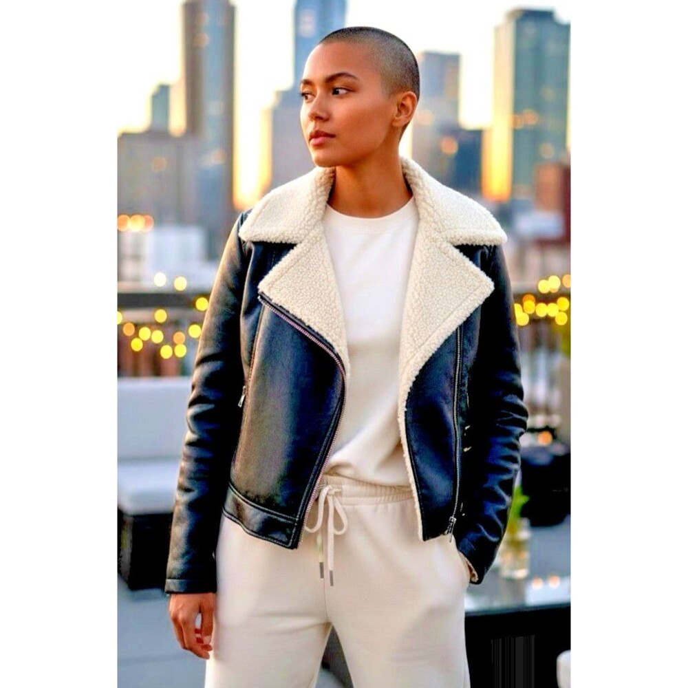 Caslon NEW womens cropped faux leather fleece collared biker jacket Small